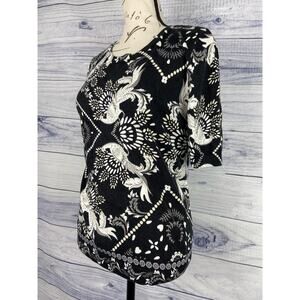 Talbots Knit Top Womens S Short Sleeve Peacock Print Black White Cotton Blend